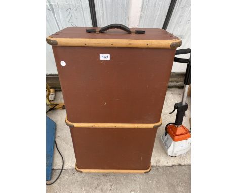 A VINTAGE COMPRESSED FIBRE TRAVEL TRUNK WITH WOODEN BANDING