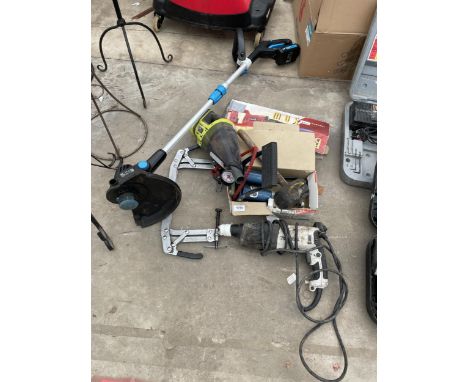 AN ASSORTMENT OF TOOLS TO INCLUDE A MACALLISTER BATTERY STRIMMER, A FOOT PUMP AND A CLAMP ETC