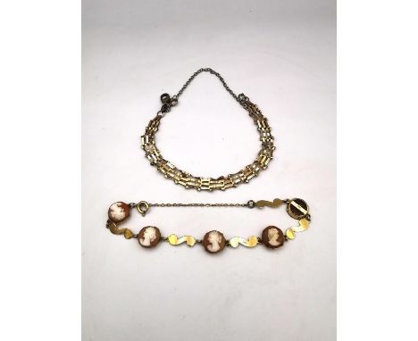 A 9ct gold WJP lady shell cameo articulated bracelet (one cameo missing) along with a 9ct gate link bracelet. (safety chain a