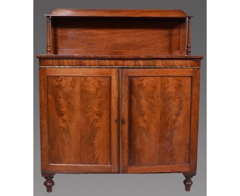 Regency mahogany chiffonier, raised back with a shelf, pull out and hinged top enclosing baize lined cutlery compartment, two