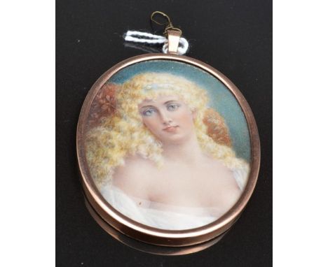Oval portrait miniature, of a young beauty, possibly over a print foundation, a rose metal frame, 6cm x 4.9cm overall.