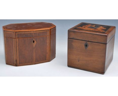 Georgian mahogany and inlaid tea caddy, polygonal form, width 18cm and an Italian olive wood and marquetry cuboid tea caddy (