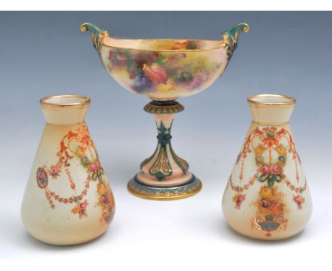 Royal Worcester pedestal bowl, circa 1905, boat shaped bowl painted with fruit and flowers, no. 280/1138, restored, 17cm, a R