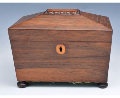 Victorian rosewood sarcophagus shaped tea caddy, two section interior, width 18cm.