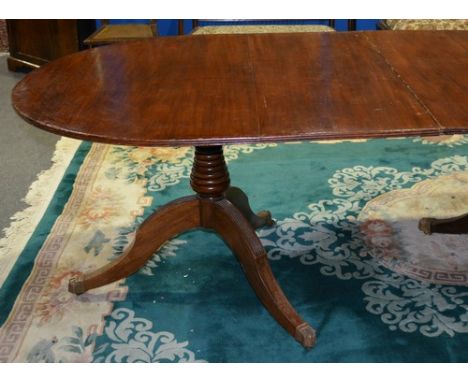 Mahogany four pedestal dining table, adapted, top fixed as four sections, ringed columns, tripod splayed legs, 240cm x 107cm.