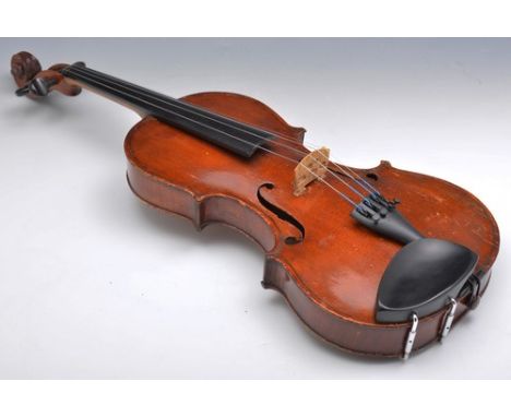 Violin, two piece back, 36cm, of medium curls, golden coloured, labelled J K Harris, Newcastle, cracks and old repairs, in a 