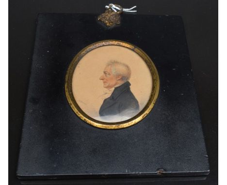 A Burt, portrait miniature of a gentleman, head and shoulders length in profile, signed, 7cm x 6cm in a black lacquered frame