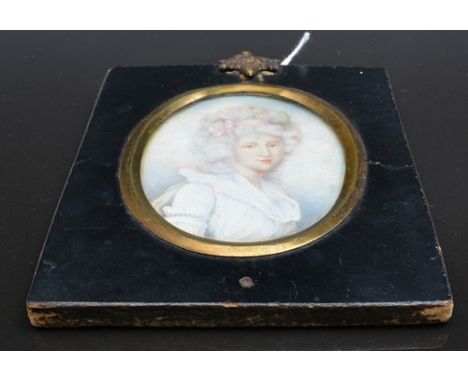 Georgian portrait miniature, said to be the Hon. Anne Seymour Daniel, oval, 7.5cm x 6cm in a black lacquered frame.