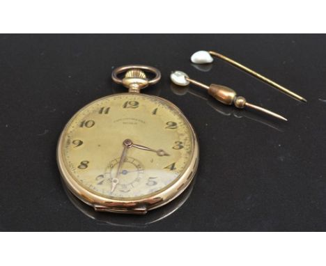 14k gold pocket watch, dial signed, Chronoetre Mora, engine turned, yellow metal chain, and three pins.