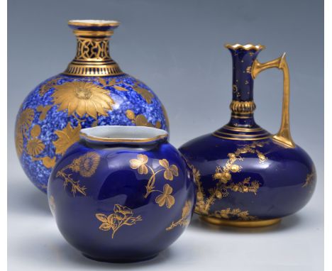 Royal Crown Derby ewer shaped vase, date cypher for 1893, royal blue ground, 12cm, a Derby Crown porcelain near spherical vas