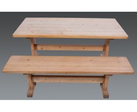 Pine kitchen table, with a trestle base, 153cm x 74cm, a bench to match and two beechwood lathe back elbow chairs (4).