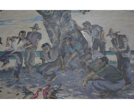 K Heut, "Cock Fighting", oil on canvas, 45cm x 60cm.