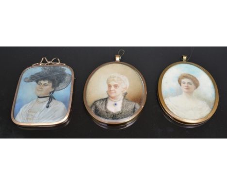 Edwardian oval portrait miniature, a young lady, head and shoulders length in a brass frame, 8cm x 6.2cm and two other portra