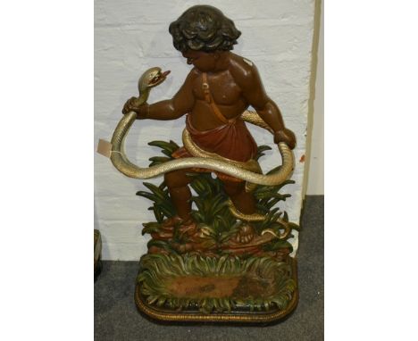 Victorian painted cast iron stick stand, cherub and serpent design, height 83cm, width 47cm.