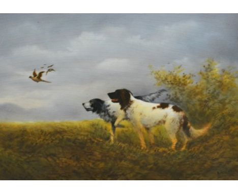 Fieldings Crown Devon pottery plaque, painted with English Setters, "Flushing Game" by R Hinton, 23cm x 18cm and a similar pl