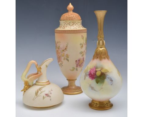 Royal Worcester pear shaped bottle vase, circa 1900, painted with roses, signed R H Blake, pattern H304, restored, 22cm, a Ro