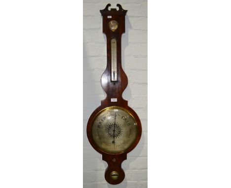 Victorian mahogany banjo shape wall barometer, broken swan neck pediment, baluster profile, silver dial and charts, 119cm.