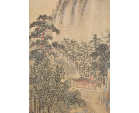 Chinese watercolour scroll, ""Ducks by a Riverside", signed, 115cm x 33cm, brocade mounted on a scroll and another Chinese sc