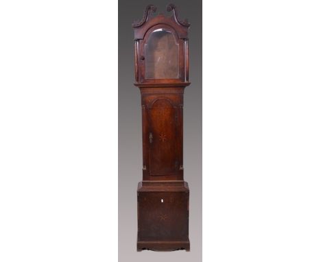 Georgian oak longcase clock case, swan neck pediment, arched door with an inlaid star motif, bracket feet, height 223cm.