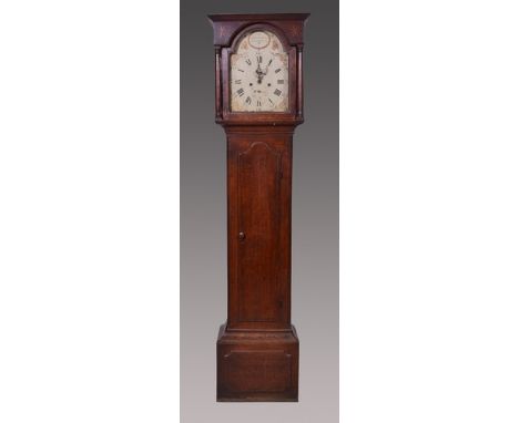 Oak longcase clock, arched painted dial, signed John Spence, Mt Harborough, with a date dial, eight day movement, 206cm.