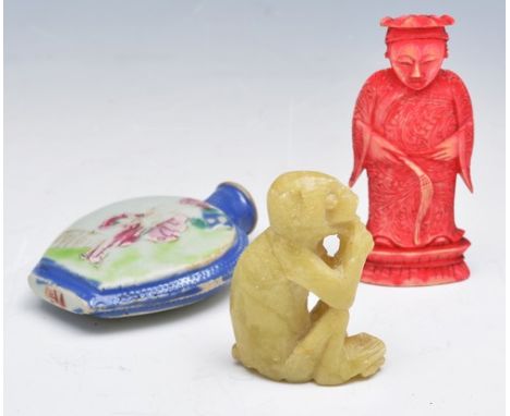 Chinese hardstone buckle, Tang style, two soapstone carvings, three Chinese snuff bottles, ink stone lacquered box etc.