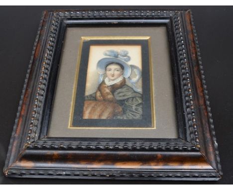 Continental oval portrait miniature, lady half length in profile, 8.5cm x 6cm, a Continental oval porcelain plaque and a mini