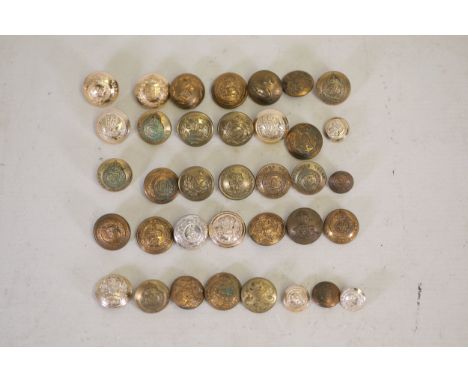 Collection of Vintage Military Buttons Featuring Various Emblems and InscriptionsThis collection comprises 34 vintage militar