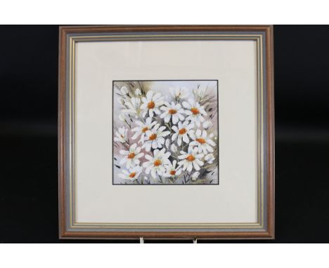 **Framed Painting of White Daisies by Pamela Smethurst**This exquisite framed painting by British artist Pamela Smethurst fea