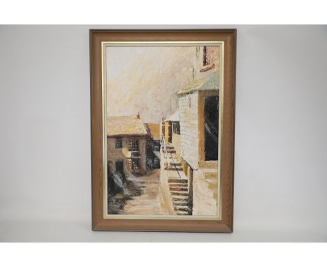 Oil Painting of Street Scene in Wooden FrameThis captivating oil painting portrays a charming street scene, with buildings sh