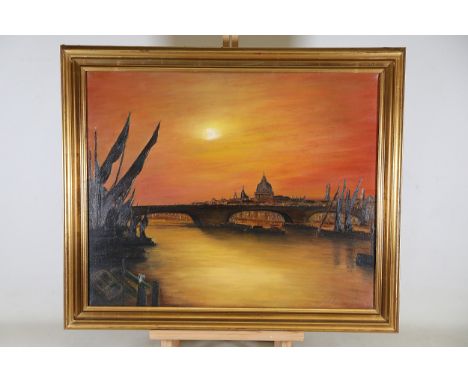 Oil Painting by Hilton Fields, Sunset Cityscape  An oil painting on canvas depicting a sunset over a reflective river, featur