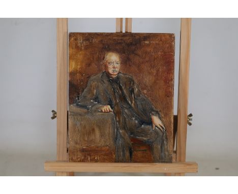 Small Oil Portrait of Seated Male Figure in Formal Attire  This oil painting on panel portrays a seated male figure dressed f