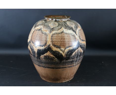 **Chinese-Inspired Ceramic Vase by Peter Vost, 1962**This exquisite 12-inch tall ceramic vase, created by renowned artist Pet