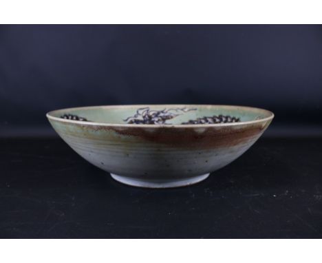 **Handmade Ceramic Fruit Centre Bowl with Intricate Dragon Design, 14" Diameter**Signed Peter Vost to the bottom.This exquisi