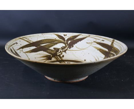 **Chinese-Inspired Ceramic Fruit Bowl by Peter Vost**This distinguished ceramic bowl, crafted by renowned artist Peter Vost, 