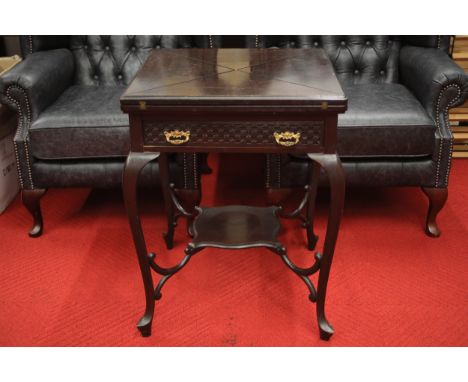 Victorian Mahogany Envelope Card Table  A Victorian mahogany envelope card table featuring a rotating top that unfolds into a