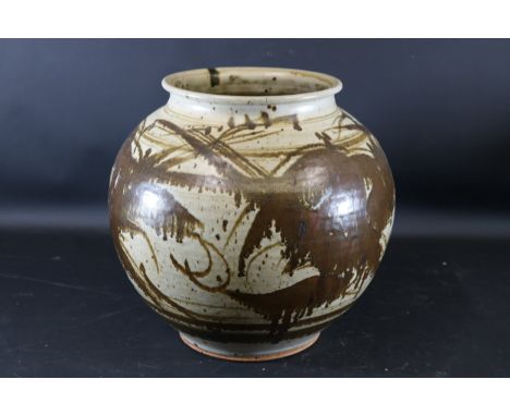 **Handcrafted Ceramic Pot with Abstract Brown and Beige Glaze, Signed by "Vost"**This handcrafted ceramic pot features a stri