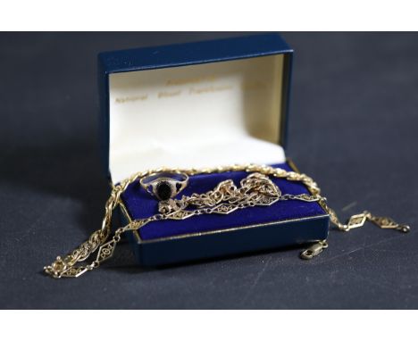 9kt Gold Jewellery Collection with Presentation Box  A collection of 9kt gold jewellery, comprising two ornate gold chains, a