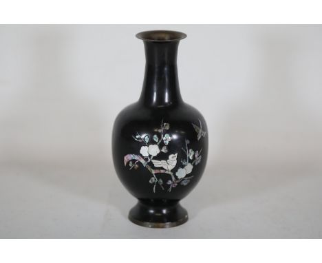Asian Lacquered Metal Vase with Mother of Pearl Inlays, 23cm in HeightThis elegant Asian lacquered metal vase stands at a hei