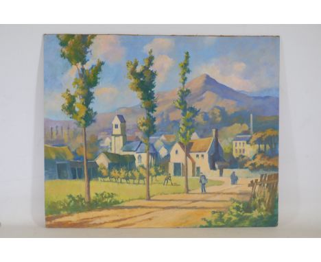 Pastoral Village Scene Painting with FiguresThis painting captures a serene pastoral village scene, rich in detail and atmosp