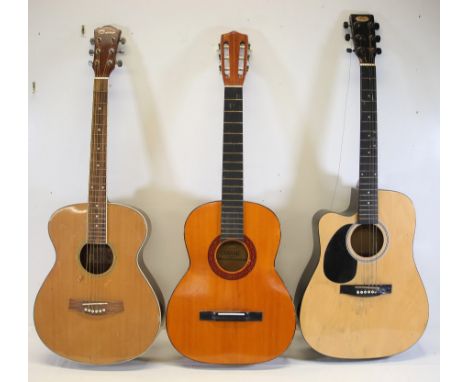 **Set of Three Acoustic Guitars with Distinctive Variations and Conditions**This collection of three acoustic guitars compris