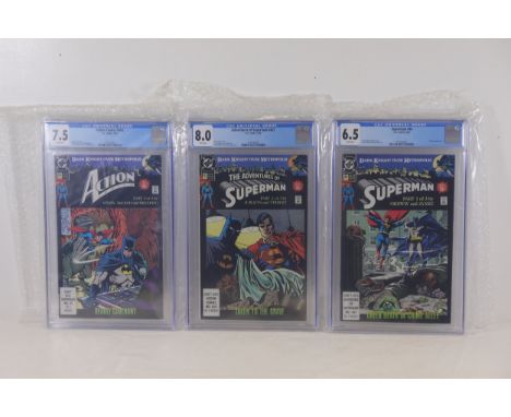 **Graded DC Comics Trilogy: "Dark Knight Over Metropolis" (Parts 1-3)**  A complete trilogy of graded DC Comics issues from t