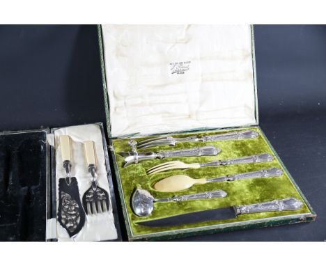 **Antique Silver-Plated Carving and Serving Utensil Sets in Presentation Cases (c. 1880–1920)**  A collection of two ornately