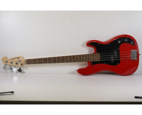 **Benson Red Four-String Electric Bass Guitar**  A Benson electric bass guitar featuring a solid, bright red body with a glos