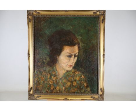 Framed Oil on Canvas Portrait "Yana Green Kimono"  Artists signature is visible, but difficult to read.This is an oil-on-canv