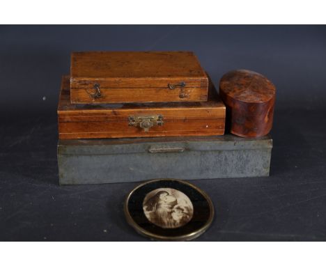 **Collection of Antique Wooden, Metal, and Decorative Boxes with Framed Image**This collection comprises multiple vintage con