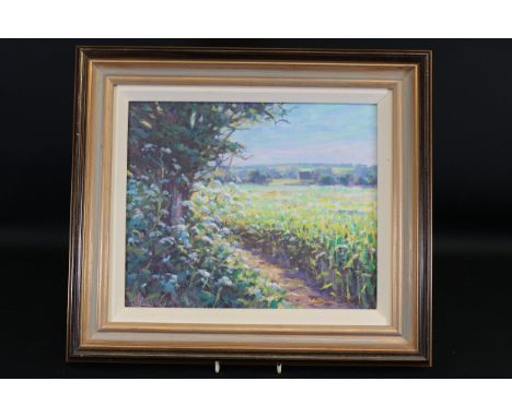 "Spring Wheat" by Dugald Stark - Framed Landscape PaintingThis captivating framed painting titled "Spring Wheat" by Dugald St