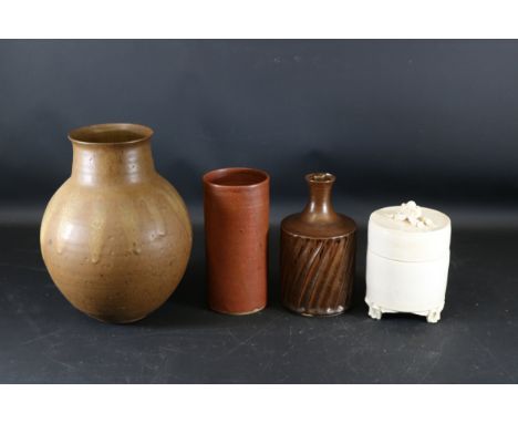 **Assorted Ceramic Vessels and Lidded Container Collection, Signed Vost**This collection consists of four distinct ceramic pi