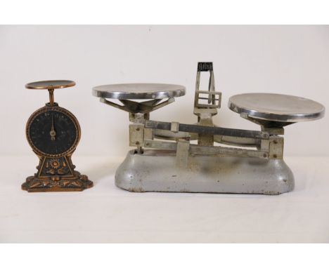 Vintage Ornate Balance Scale and Metal Double-Pan Balance ScaleThis offering includes two contrasting styles of scales, repre