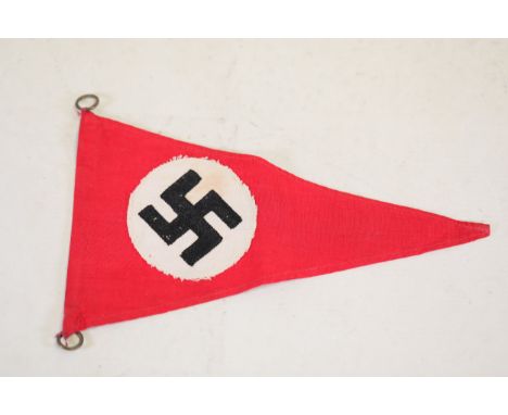 Third Reich NSDAP Pennant with Swastika Symbol and Brass Mounting RingsThis item is a red Third Reich NSDAP pennant featuring