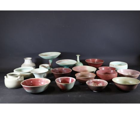 Collection of Glazed Studio CeramicsA collection of approximately 17 hand-thrown pottery items, including bowls, stem bowls, 